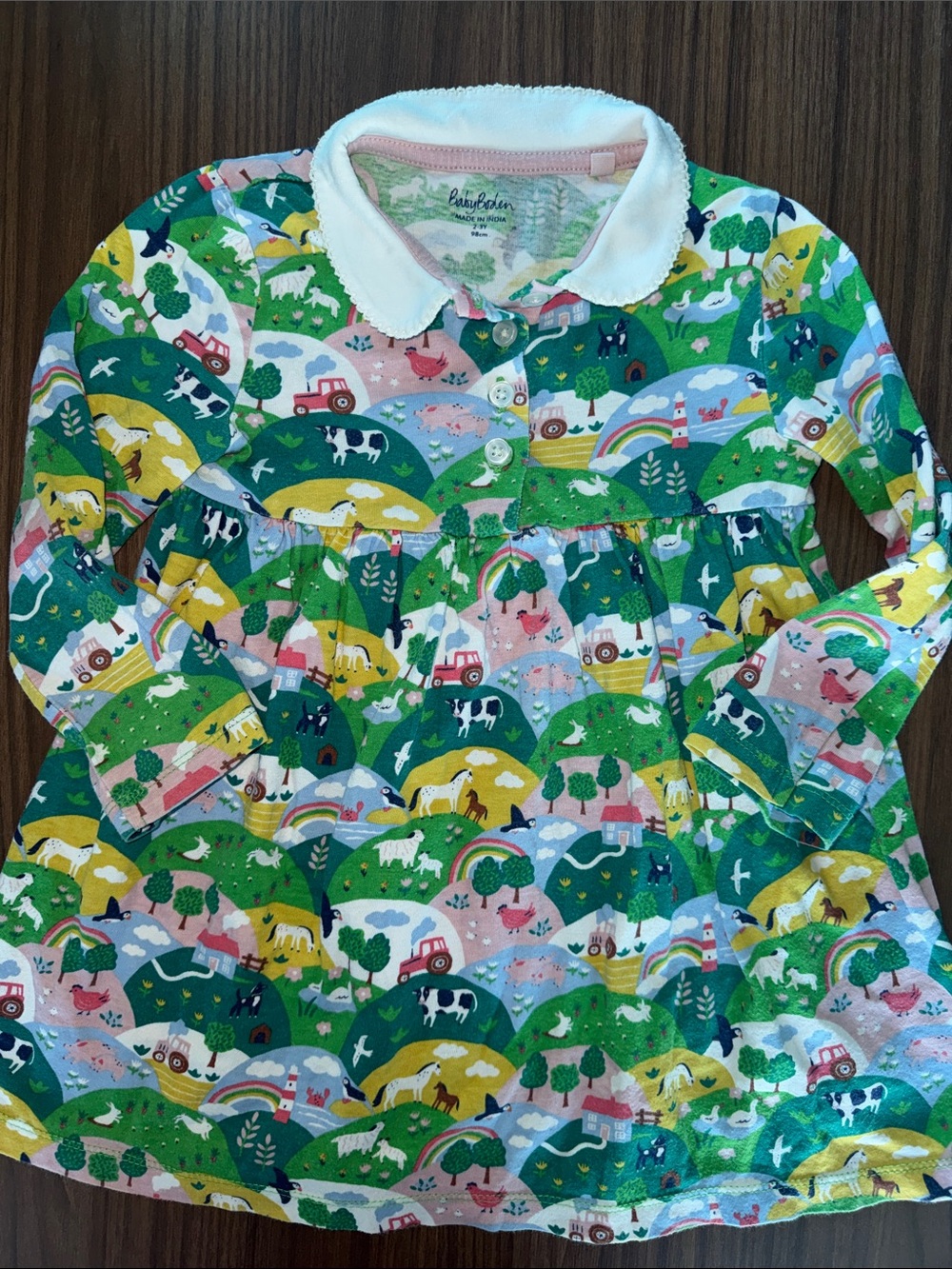 Baby Boden Multi Green Farm Scene Peter Pan Collar Dress 2-3Y